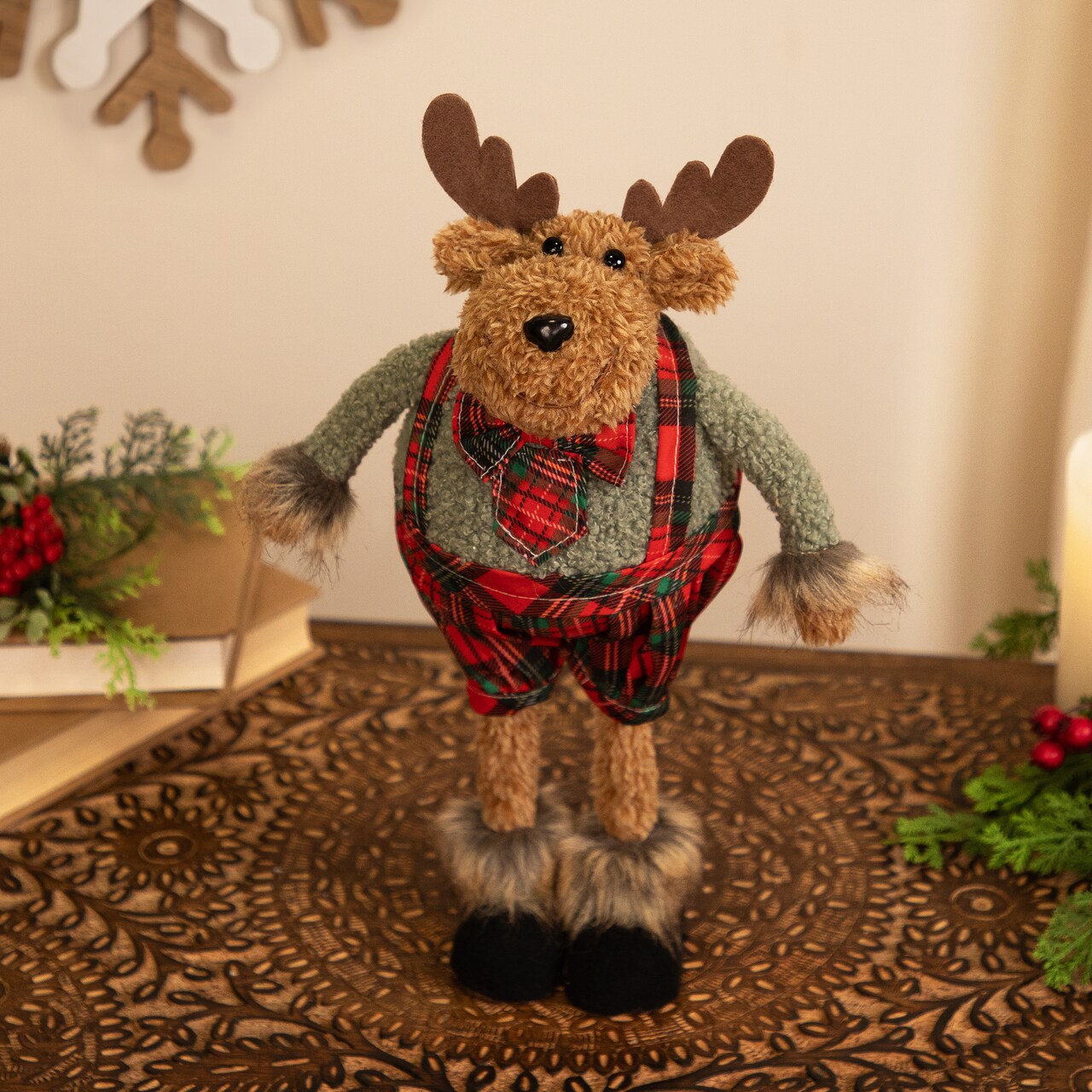 Northlight Standing Moose in Plaid Overall Shorts Christmas Figure - 12.5" - Brown and Red